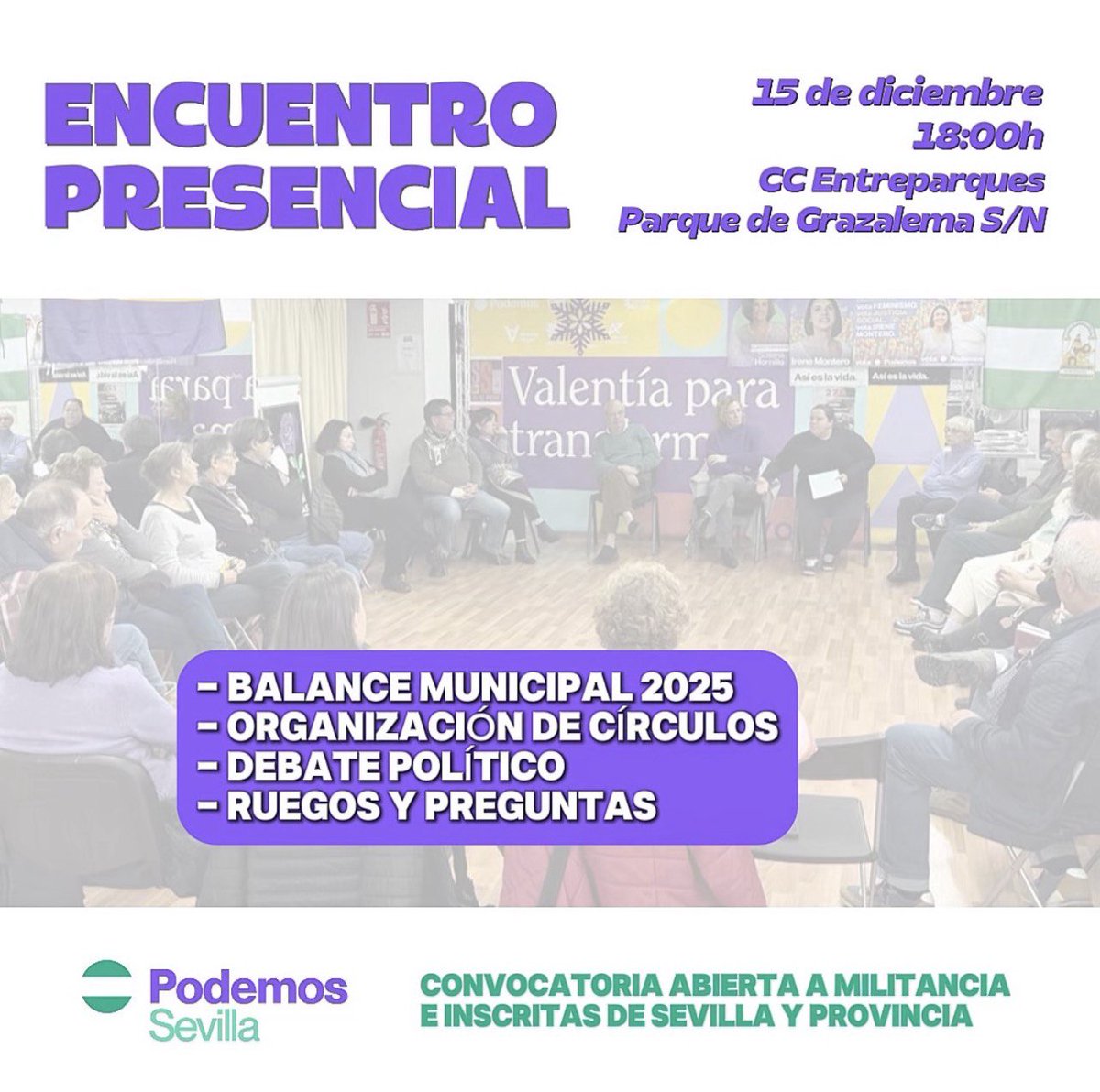 Mañana nos vemos en un nuevo encuentro presencial de <a href="/PodemosSevilla/">Podemos Sevilla</a> para hacer balance de 2025 y prepararnos para el 2026. 

¡No faltéis! #SíSePuede 💜