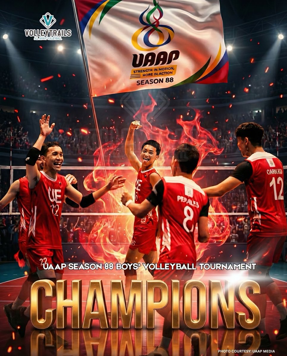 volleytrails's tweet image. NEW KINGS CROWNED! 👑❤️

​The UE Junior Warriors have defeated the NU Bullpups to capture the #UAAPSeason88 High School Boys' Volleyball Championship! They took the crown in straight sets: 28-26, 25-23, 25-19. Congratulations! 👏

​#BombaUE #UAAPVolleyball #volleyball