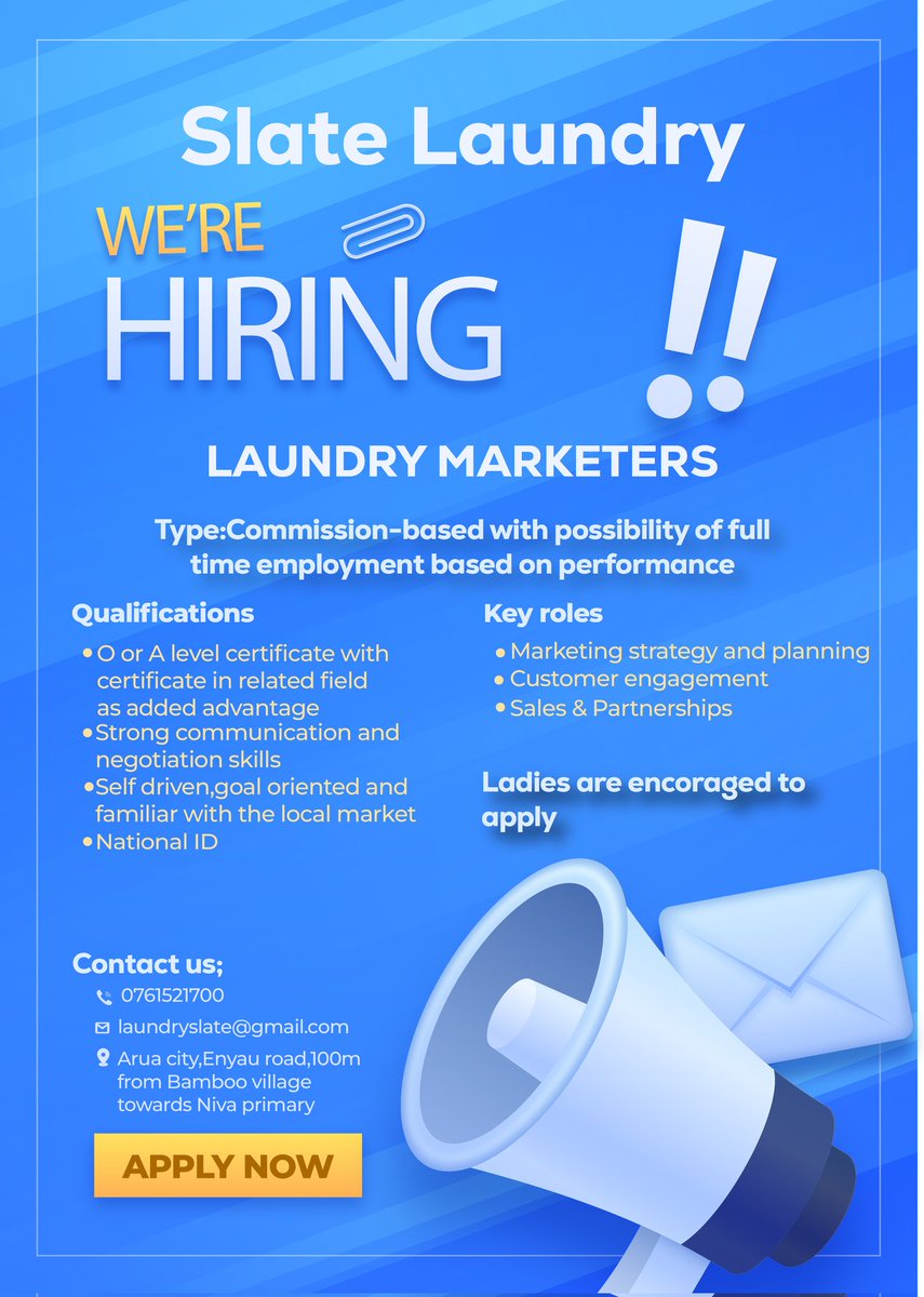 Slate_Laundry's tweet photo. HELLO, ARUA CITY....
One way of building Westnile is by creating opportunities and we intend to live up to that.
Henceforth, WE ARE HIRING!

Kindly Share! Retweet!
📍 Enyau Road, at former Bell deport next to bamboo village.
📞+256 761 521 700 https://t.co/n4wVGUVV2E
