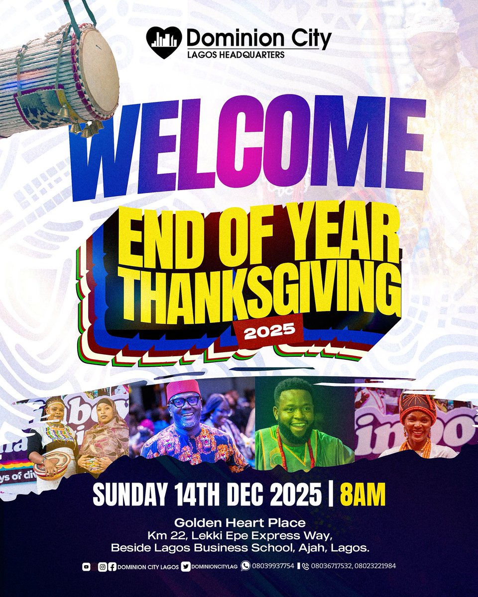 ITS FINALLY HERE!!!

End of Year Thanksgiving has finally arrived, and with one voice and hearts overflowing with gratitude, we shout… THANK YOU LORD! 

#DominionCity #DCLagosHq #RainbowThanksgiving2025 #TribalPraise #EndOfYearThanksgivig2025