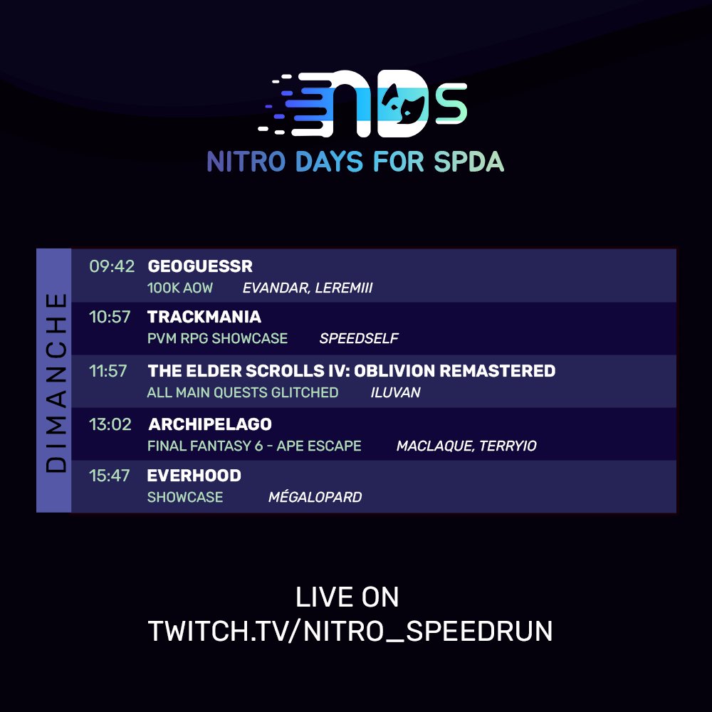 Et bonjour ! On est parti pour notre dernière journée de ces Nitro Days for SPDA !

Et on va attaquer fort avec des petits showcase variés, de la géographie à la musique en passant par le vroum ! Et toujours du speedrun, avec du classique, et de l'archipelago ! 👀

🔗 en bio !