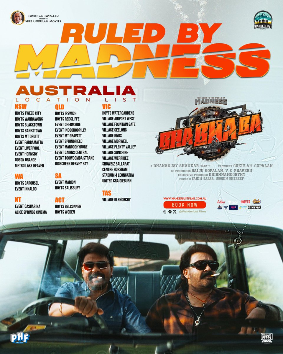WanderlustFilm7's tweet photo. 🔥 MADNESS TAKES OVER AUSTRALIA! 🔥
#BhaBhaBa storms cinemas Dec 18 🇦🇺
Laughs on overdrive. Chaos unleashed. 😈
🎟️ Don’t miss the ride!
#NoLogicOnlyMadness #Dileep #Mohanlal #RealOGMohanlal #MalayalamCinema #Dec18 https://t.co/lTnmJuATva