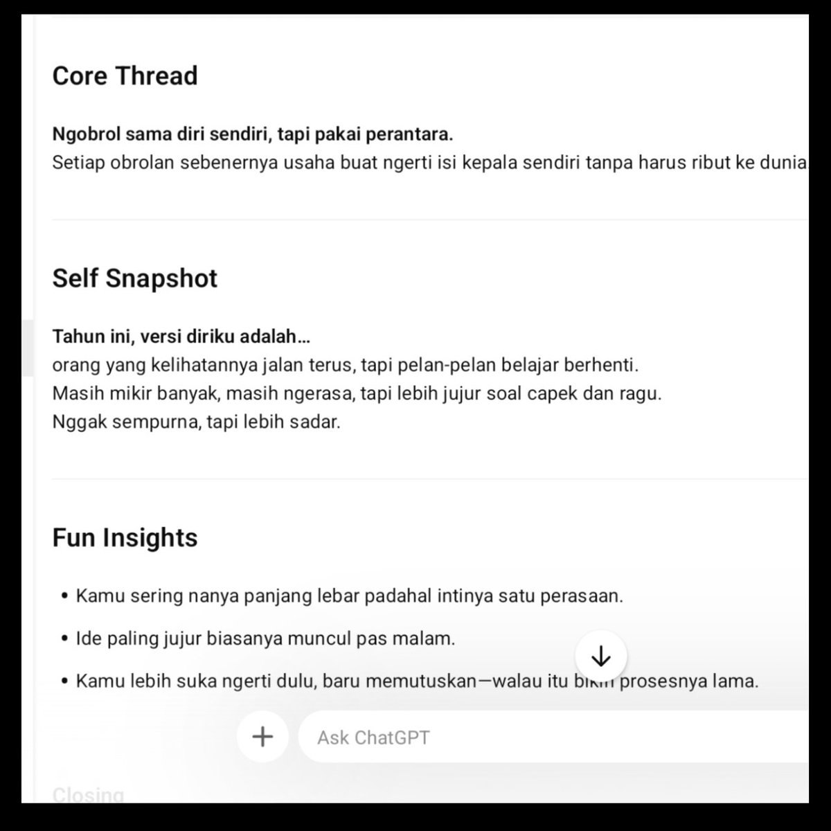 NakaKun11's tweet photo. Baru sadar…
selama setahun ini, topik yang paling sering muncul di chat
itu bukan hal sepele.

Isinya ya itu-itu lagi.
Cerita, kerjaan, mikir ke orang lain,
sama nanya ke diri sendiri tanpa berani ngomong langsung. https://t.co/48hB8WAVcc