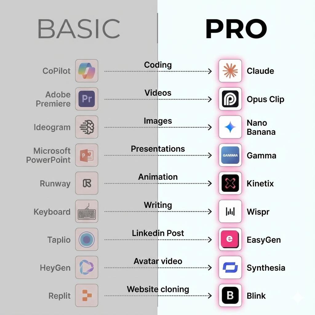 100+ AI Tools to Finish Hours of Work in Minutes:

1. Presentation
- Gamma AI
- Decktopus
- Beautiful AI
- Slides AI
- Designs AI

2. Ideas
- Claude
- ChatGPT
- Bing Chat
- Perplexity
- Copilot

3. Website
- Dora
- 10Web
- Framer
- Unicorn
- Style AI

4. Writing
- Jasper
- HIX AI