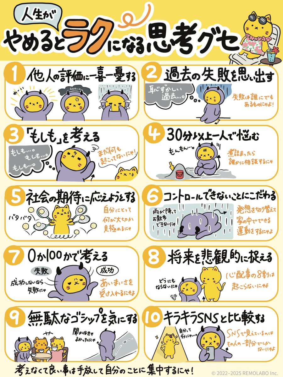 正直に言うと、
しんどさの8割は 『自分で勝手に増やしてる思考』が原因にゃ。

まずやめるといいクセを図解にまとめたにゃ↓