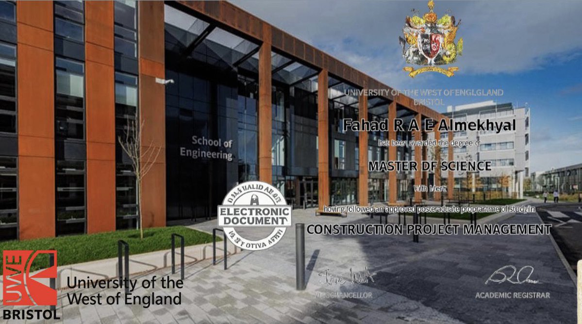 بحمد الله وتوفيقه، حصلت على درجة الماجستير تخصص(ادارة مشاريع البناء)
 UWE BRISTOL - UK
Awarded with Merit-Honour

وكان عنوان الرساله:
“تقييم اعتماد وفعالية أدوات تحسين الموارد المعتمدة على الذكاء الاصطناعي في إدارة مشاريع البناء المستدام.”

أسأل الله أن يكتب بها النفع والبركة.