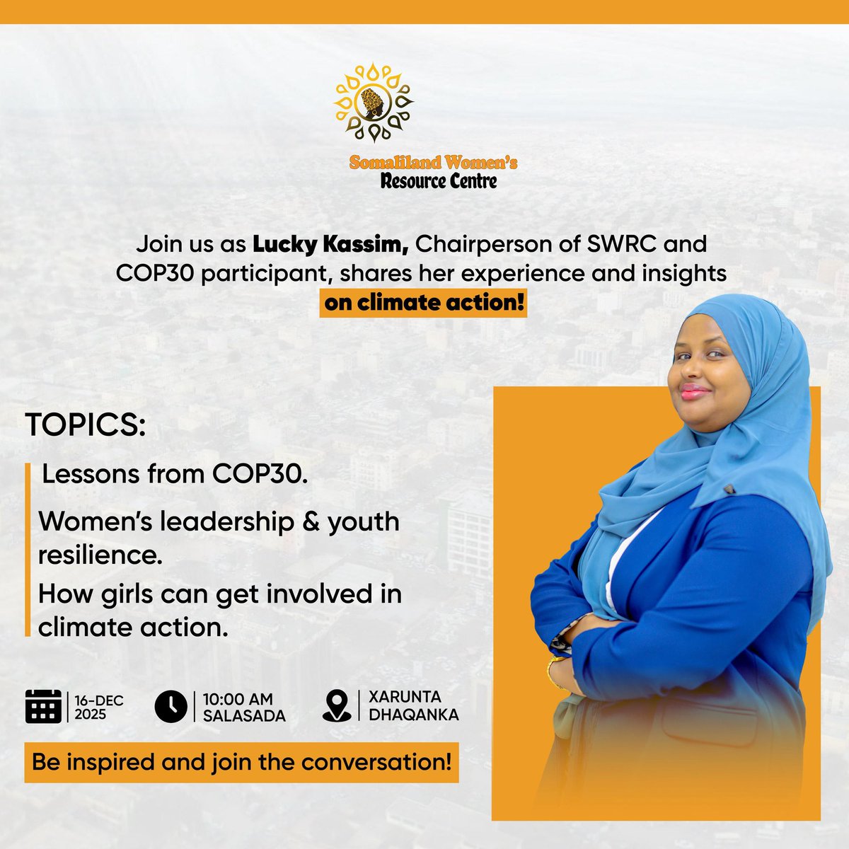 Join Lucky Kassim, Chairperson of SWRC &amp; COP30 participant, as she shares lessons from COP30, women’s leadership, youth resilience, and how girls can lead climate action.
#COP30 #SWRC #WomenLead #YouthForClimate