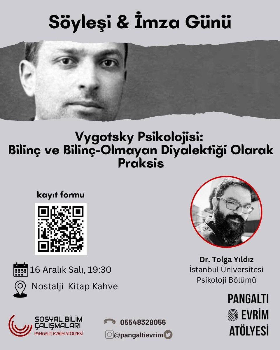 Sovyet psikolojisinin öncülerinden ve Batı eğitim düşüncesini derinden etkileyen, 20. yüzyılın en etkili Marksist psikologlarından Lev Vygotsky’yi Dr. Tolga Yıldız ile tartışıyor, Vygotsky’nin yöntemini masaya yatırıyoruz.

📅16 Aralık Salı 
🕣19.30
📍Nostalji Kitap Kahve
