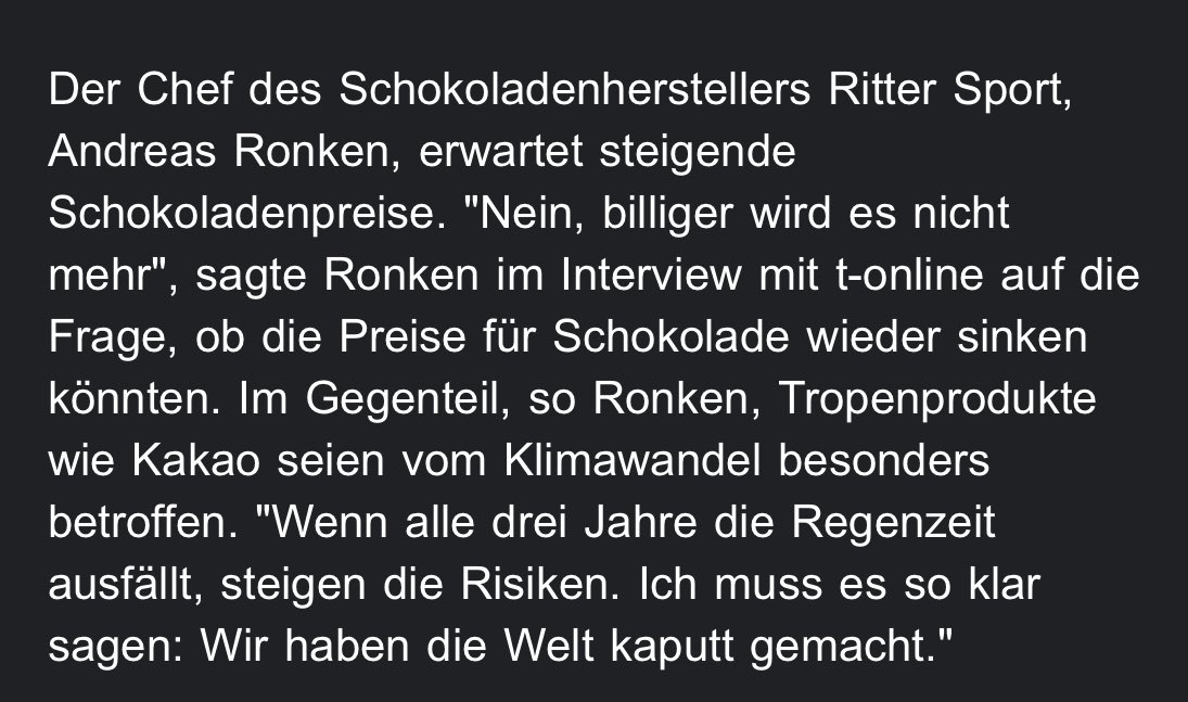 „Wir haben die Welt kaputt gemacht.“
Deutlich sichtbar am Preis für Schokolade. <a href="/Inselkloft/">Mauritius Kloft</a> &amp; <a href="/fls_news/">Florian Schmidt</a> haben den Ritter Sport-Chef interviewt: t-online.de/finanzen/aktue…