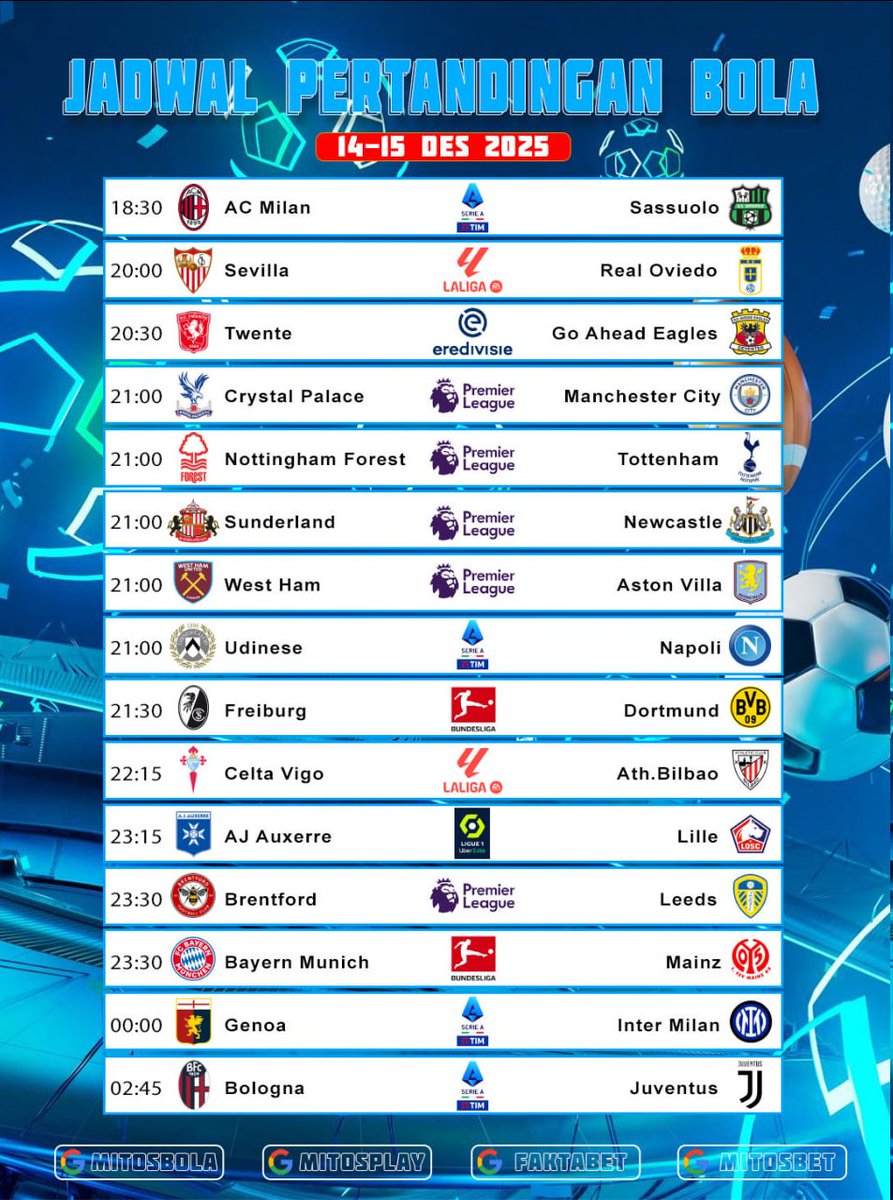 mitosbola_'s tweet photo. Jadwal Bola Hari ini Di Mitosplay
💎Italian Serie A
💎La Liga
💎Eredivisie
💎English Premier League
💎Bundesliga
💎French Ligue 1
Minggu Cipung Gabisa Bayar
#코르티스 #DrAllyxJossGawin #mitosbola https://t.co/L2VsWGu0Aj