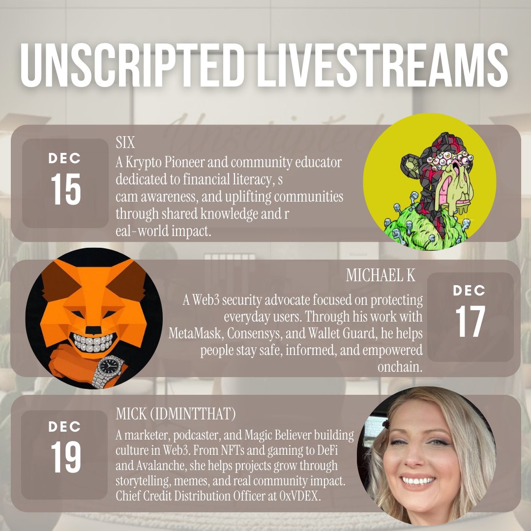 We’re back with another fire lineup.

Live Monday, Wednesday &amp; Friday at 7:00 EST on X.

Featuring a crypto pioneer advancing financial literacy and security, a Web3 safety advocate protecting everyday users, and culture-driven builder scaling DeFi, gaming, and Avalanche.