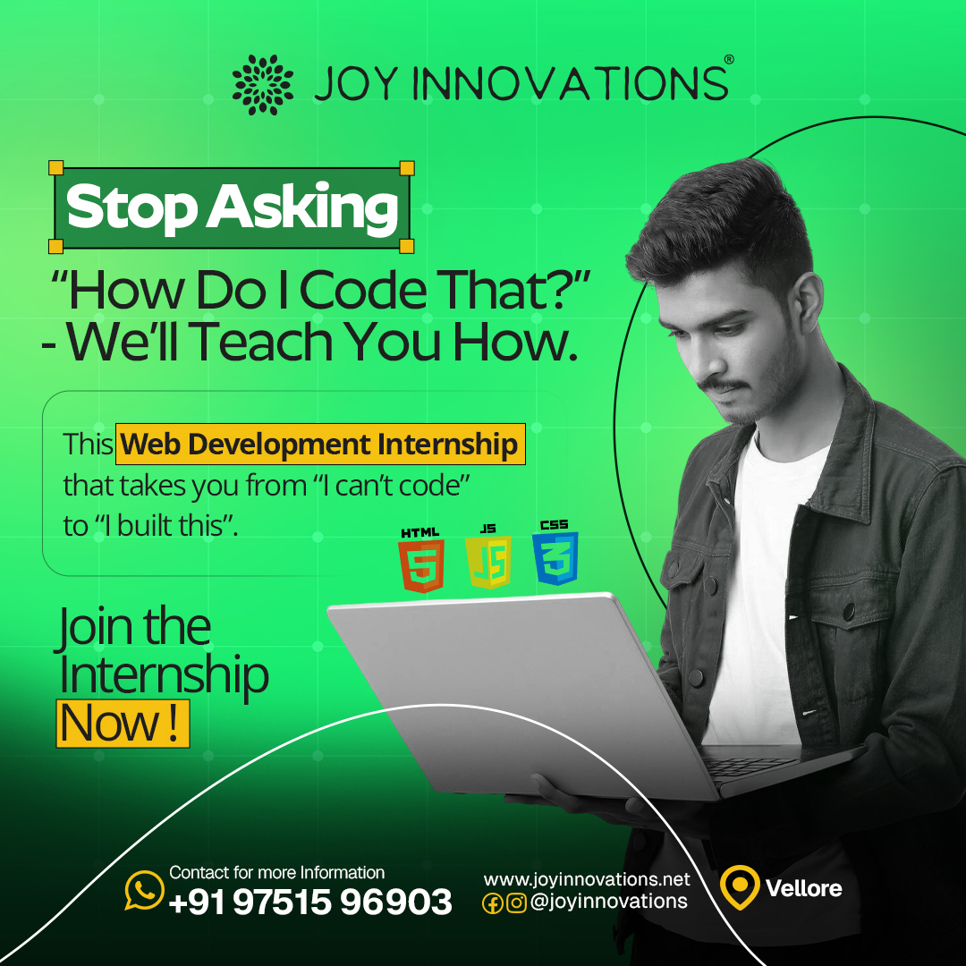 JoyInnovations's tweet image. Stop asking “How do I code that?”

Start building real solutions. 💻

Our Web Development Student Internship helps you go from beginner to builder.

Learn. Practice. Build. 🚀

📍 Vellore
📞 +91 97515 96903

#WebDevelopment #Internship #LearnCoding #TechCareers #JoyInnovations