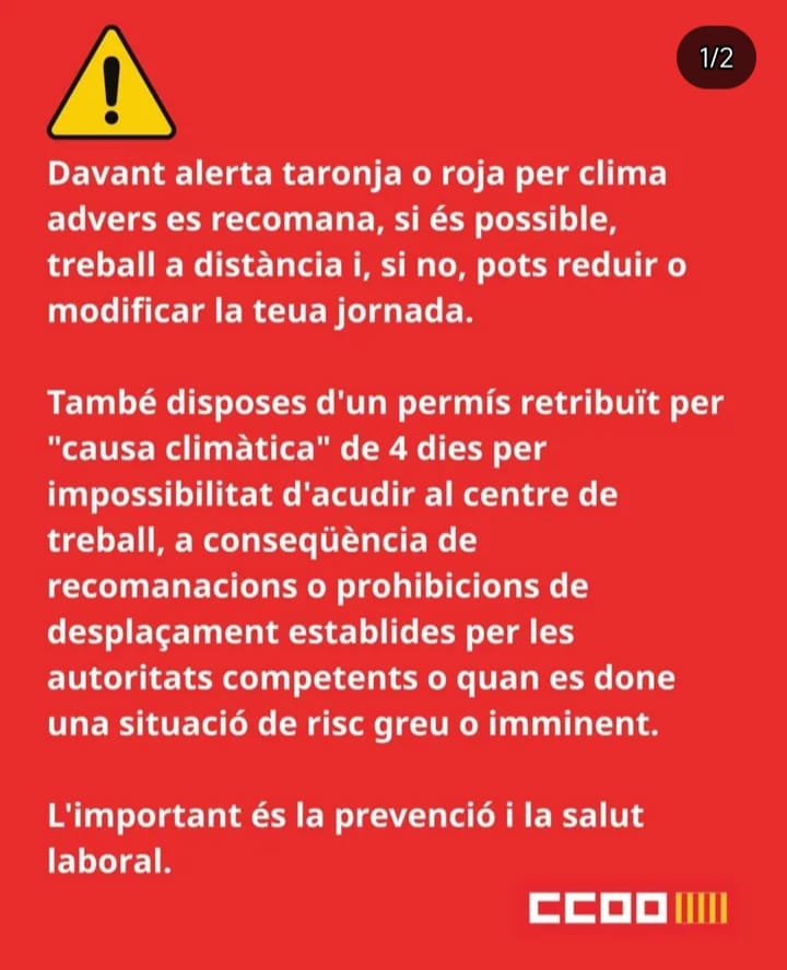 ccoopv's tweet photo. ⚠️ #CCOOPVinforma Recomanacions laborals davant l'alerta roja per fortes pluges al litoral valencià.
🌩 També disposes d'un permís retribuït per #causaclimàtica 👇 https://t.co/b0QlMeP6Qs