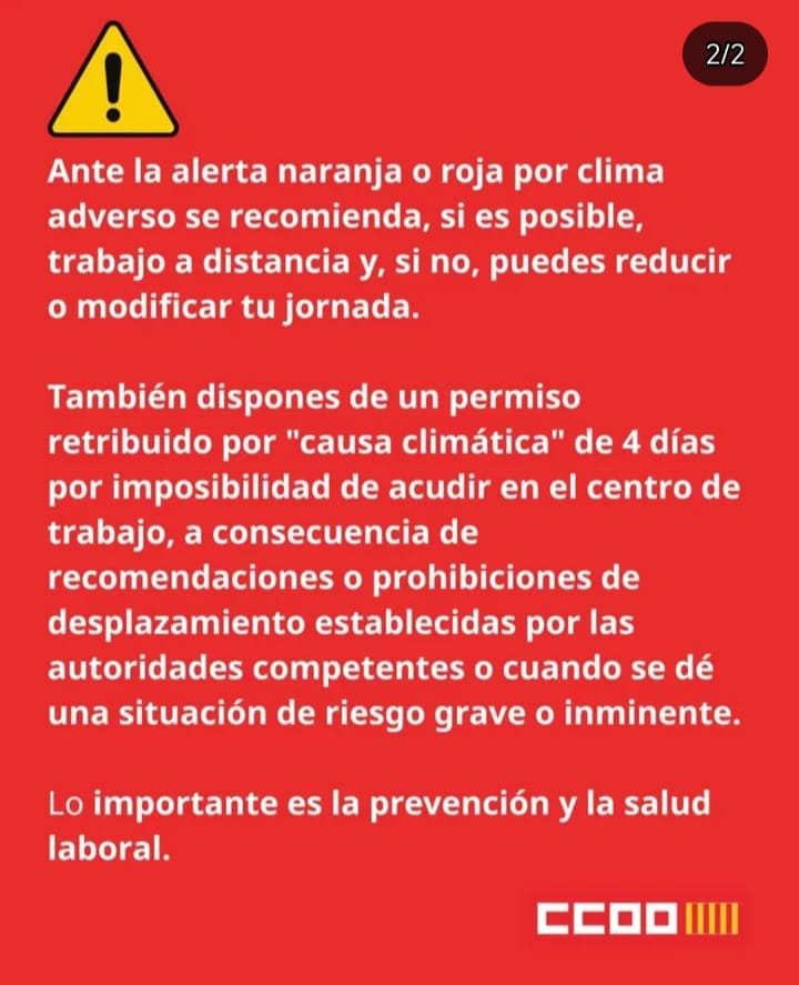 ccoopv's tweet photo. ⚠️ #CCOOPVinforma Recomanacions laborals davant l'alerta roja per fortes pluges al litoral valencià.
🌩 També disposes d'un permís retribuït per #causaclimàtica 👇 https://t.co/b0QlMeP6Qs