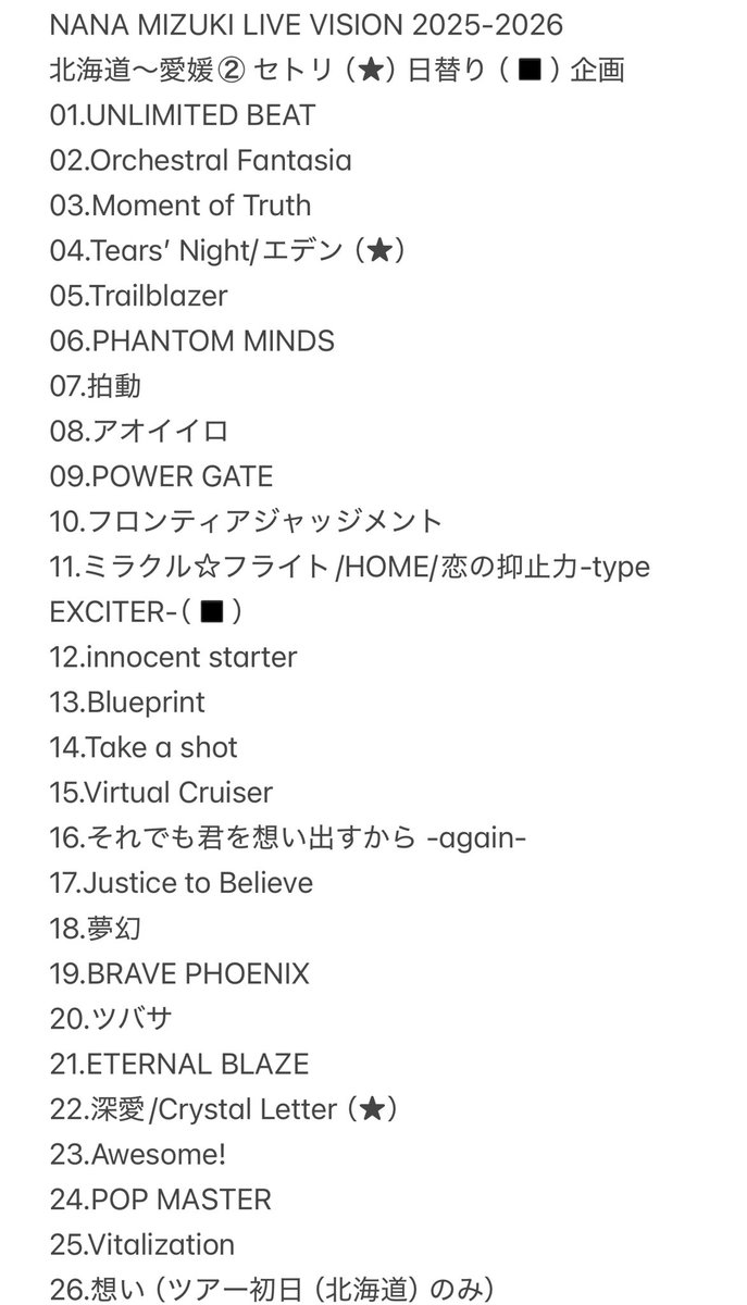 カムパネルラセトリ 12/14 NANA MIZUKI LIVE VISION 2025-2026 VIEW03 愛媛② セトリ ※2枚