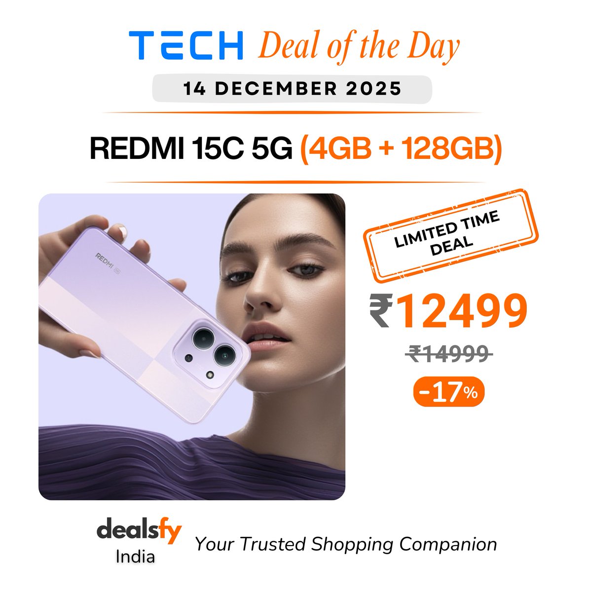 👉 Check Deal: amzn.to/44tH6Zz

🚀 Tech Deal of the Day → Redmi 15C 5G (4GB 128GB)

🔥 Flat 17 percent Off. Get it now at just ₹12499 (MRP ₹14999)

🌟 Big 6000mAh battery smooth 120Hz display and 5G performance for everyday use.