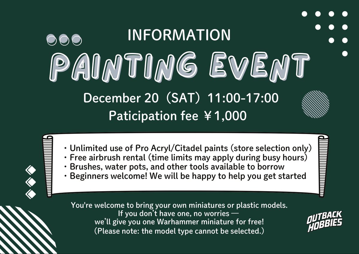 outback_hobbies's tweet photo. 土曜日はペイントイベントです🖌️シタデルカラーに加えてプロアクリルも使い放題✨日本でプロアクリルを試し塗り、購入できるのは当店のみ🔥
💡プロアクリルは、アメリカ生まれのミニチュア&フィギュア塗装に特化した水性アクリル塗料です!
ご参加お待ちしております😊
#ProAcryl #ウォーハンマー https://t.co/UJhW55LWuX