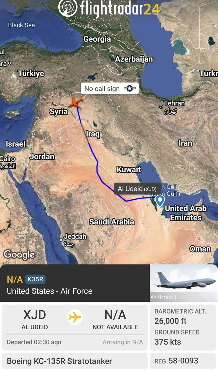 sipjack1776's tweet photo. KC-135R Stratotanker ๐บ๐ฒ
#AE079F/58-0083
Out of Al Udeid operating on the NE border of Syria/Iraq.
@Borrowed7Time @Hussein https://t.co/NwtiXjiBkb