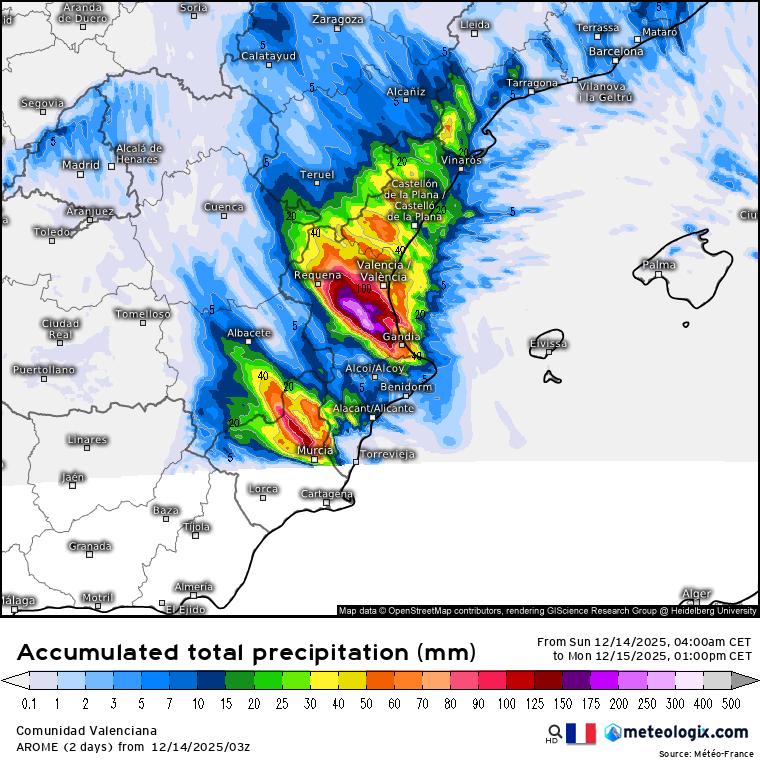 Valencia_WX's tweet photo. 🤡Las últimas salidas de los modelos NO nos despejan de dudas

1️⃣ El modelo Swiss HD 4x4 apuesta fuertemente por el litoral com cantidades >250 l/m² entre Valencia y Gandia

2️⃣ El modelo de AEMET, Harmonie, rebaja considerablemente la intensidad de las precipitaciones y apuesta por acumulados cerca de 100 l/m² en el litoral a lo largo del domingo y un tren convectivo mas intenso que dejaria 80-100 l/m² en el interior la madrugada del lunes

3️⃣ El modelo AROME apuesta por el peor escenario con una sucesion de tormentas que dejarian >250 l/m² en el interior
