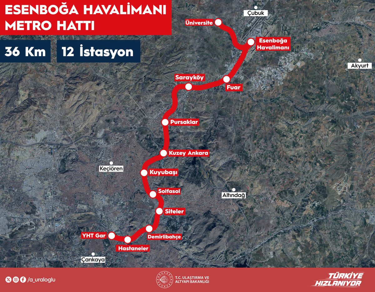 Esenboğa Havalimanı metro çalışmalarına önümüzdeki sene başlıyoruz.

36 kilometre ve 12 istasyon ile Ankaralıların Esenboğa Havalimanı’na ulaşımını kolaylaştırıyoruz.

#TürkiyeHızlanıyor 🇹🇷