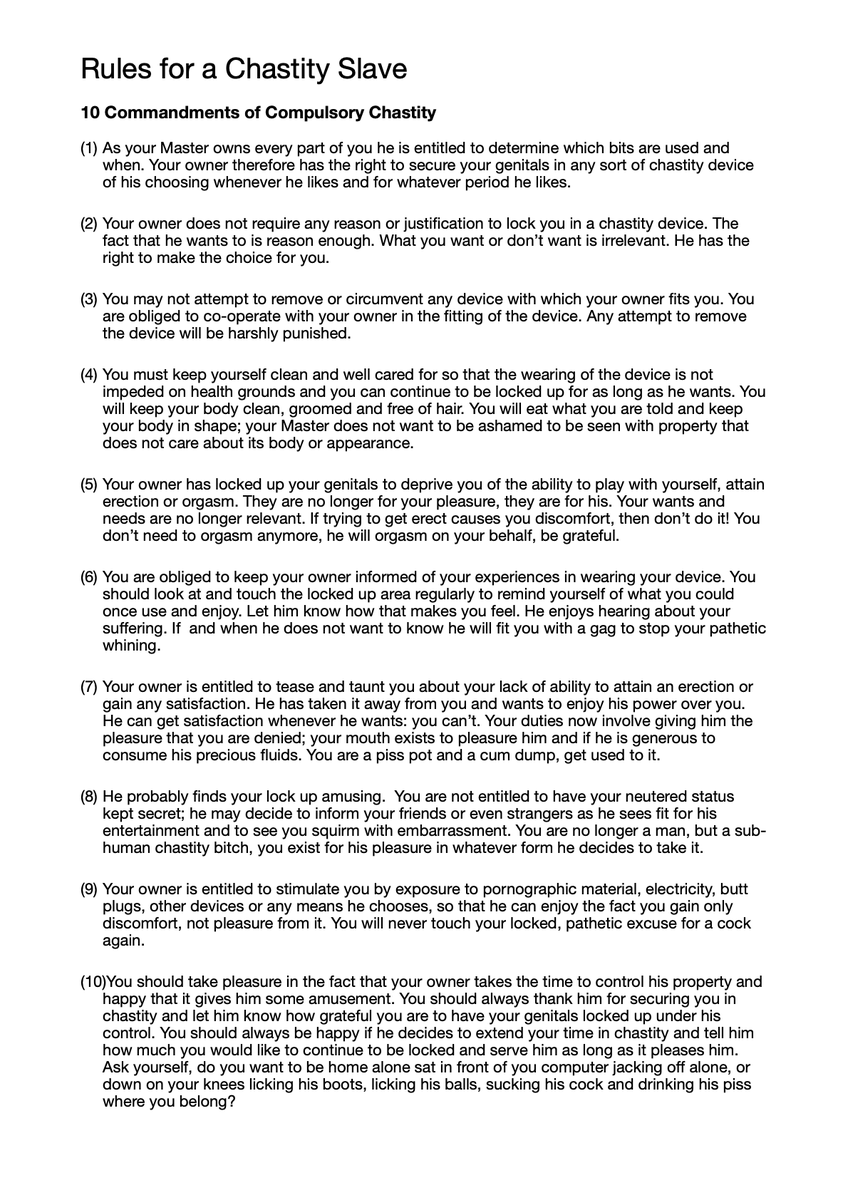 RULES FOR A CHASTITY SLAVE
Not mine. I cannot remember where I got it.