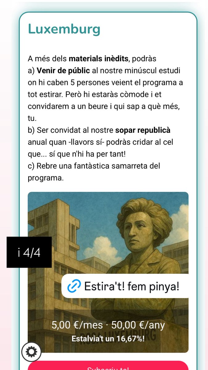 A <a href="/aixeta_cat/">L'Aixeta</a>  podeu fer-vos un favor i de pas el feu a NNHPT i no pleguem el març. 
2 subscripcions simbòliques a escollir: Robespierre o Luxemburg. 
No poso l'enllaç aquí però al poso al linktree de la bio.