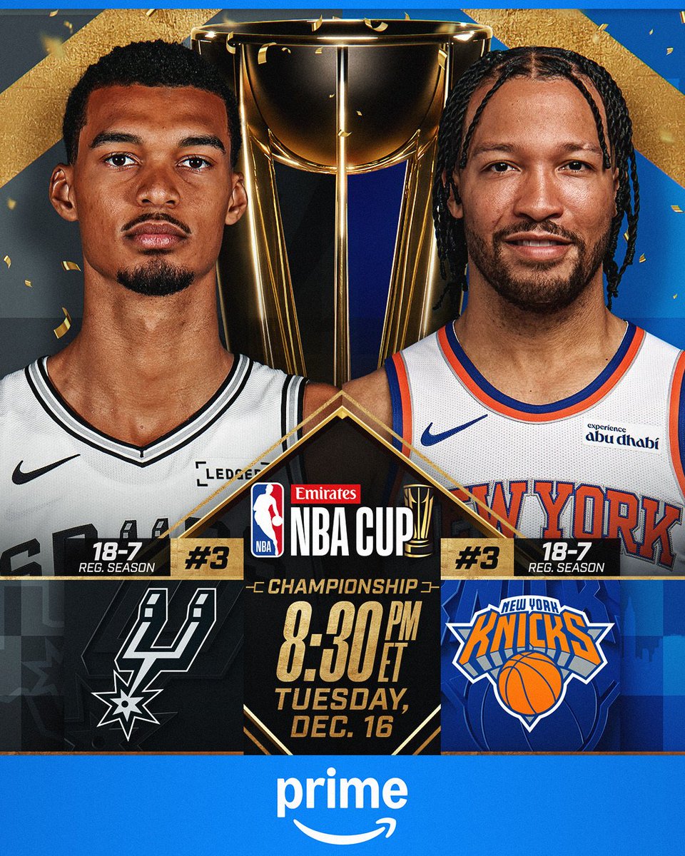 Bricksroll's tweet image. 🏆 THE CHAMPIONSHIP IS SET 🏆

One game to decide who wins the NBA Cup!

Victor Wembanyama and the Spurs will meet Jalen Brunson and the Knicks in the @emirates NBA Cup Championship on Tuesday (12/16) at 8:30pm/et on Prime!