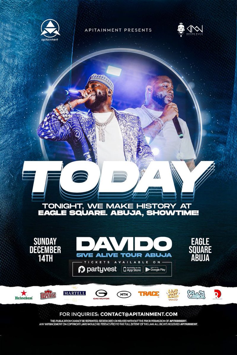 Abuja it’s happening today #5iveAliveTour
Get your dancing shoes ready because we’re turning up Eagle Square today 💃🏽💃🏽

Dec 14th | Eagle Square
cc: <a href="/Apitainment_/">Apitainment</a>
