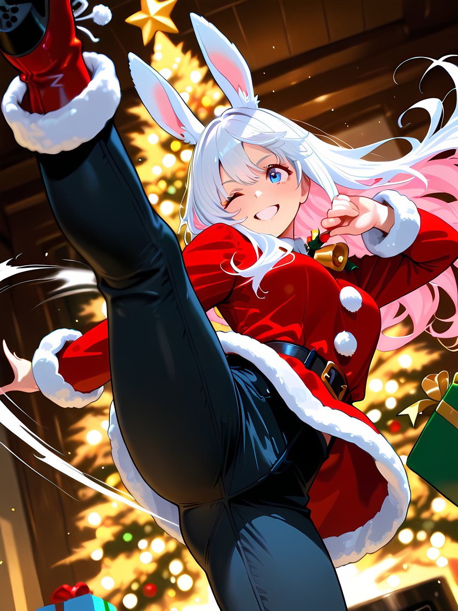 ♦専用♦No.25☆賑やかクリスマス花束抱いてるサンタうさぎちゃんトナカイさん♦ AI聖夜の夜2025 花うさぎさんの企画にネタ枠参加しまーす！ 聖なる夜に