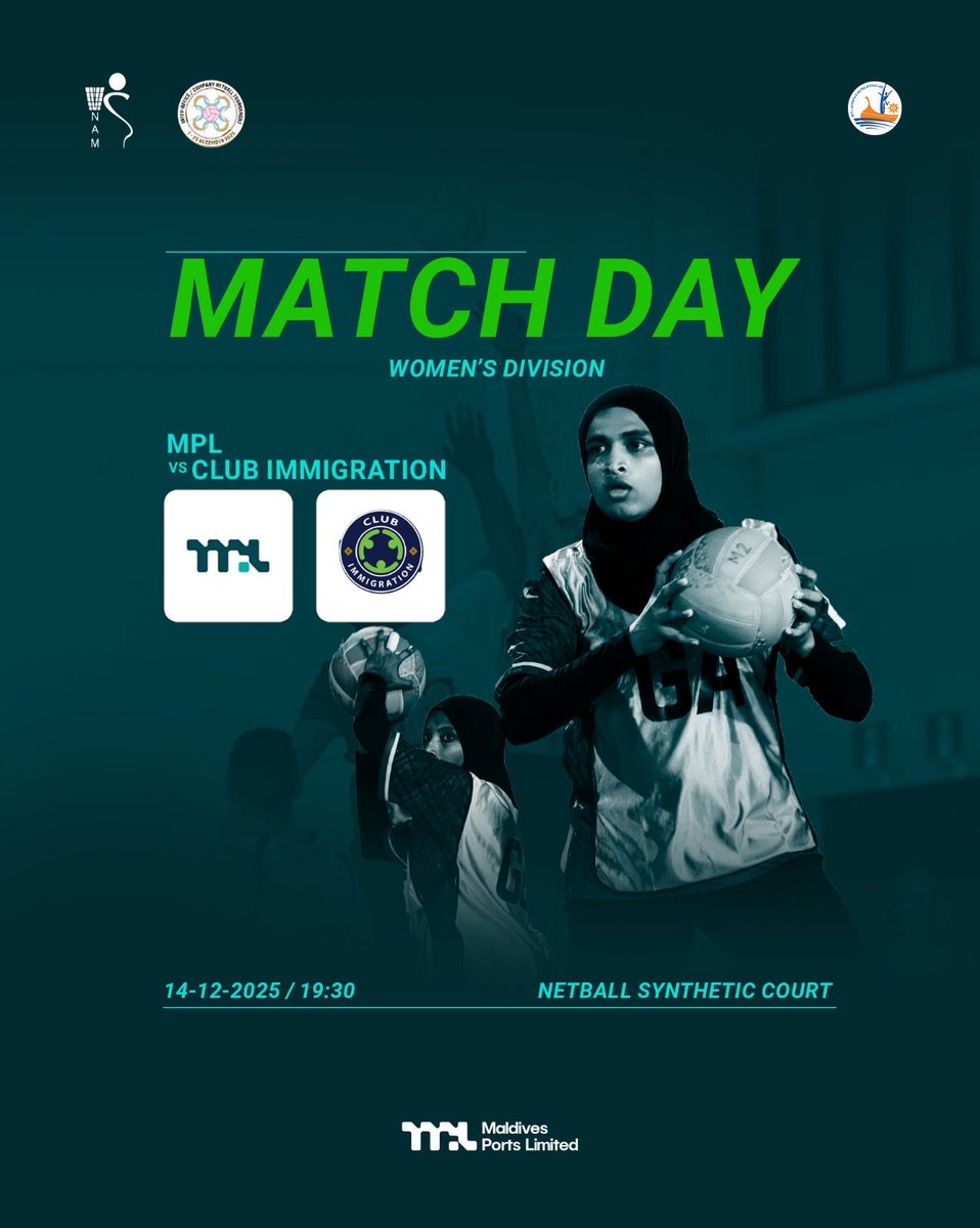 Portclubmv's tweet image. It’s Match Day! Team MPL takes on Immigration tonight. Let’s bring the spirit, the energy, and the support! 🔥

Date: 14 December 2025
Time: 19:30
Netball Synthetic Court

#MPL #TeamMPL #PortClub