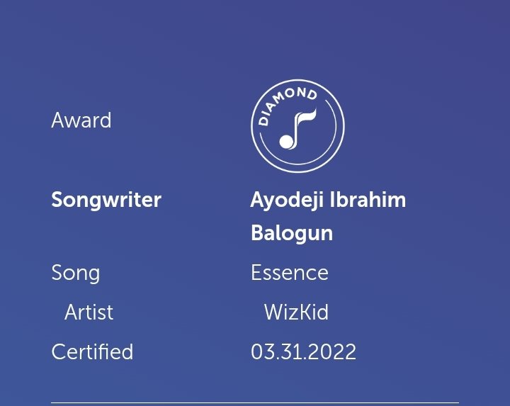 AmazingHamzey's tweet image. Wizkid 5 NMPA Songwriter Awards

2 Diamond
1 platinum
2 Gold