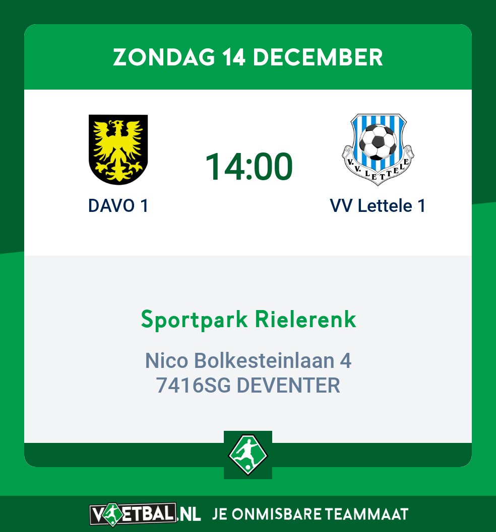 Vanmiddag om 14u is de aftrap voor de 2e helft van <a href="/dvvdavodeventer/">dvvdavo</a> - <a href="/VVLettele/">VV Lettele</a> . De wedstrijd wordt hervat bij een 1-0 stand. Een paar weken geleden  haakte de scheidsrechter in de rust af met een blessure. Spannende 45 minuten voor beide teams!
