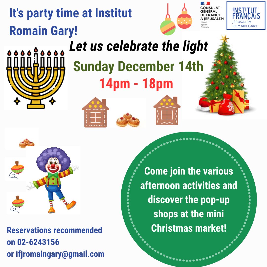Sunday, December 14 from 2 p.m. to 6 p.m.
We celebrate the light at the Romain Gary Institute with various activities, tastings, and surprises...
A raffle will be held for participants.
The winner will take home the gingerbread house!
Join us in great numbers!