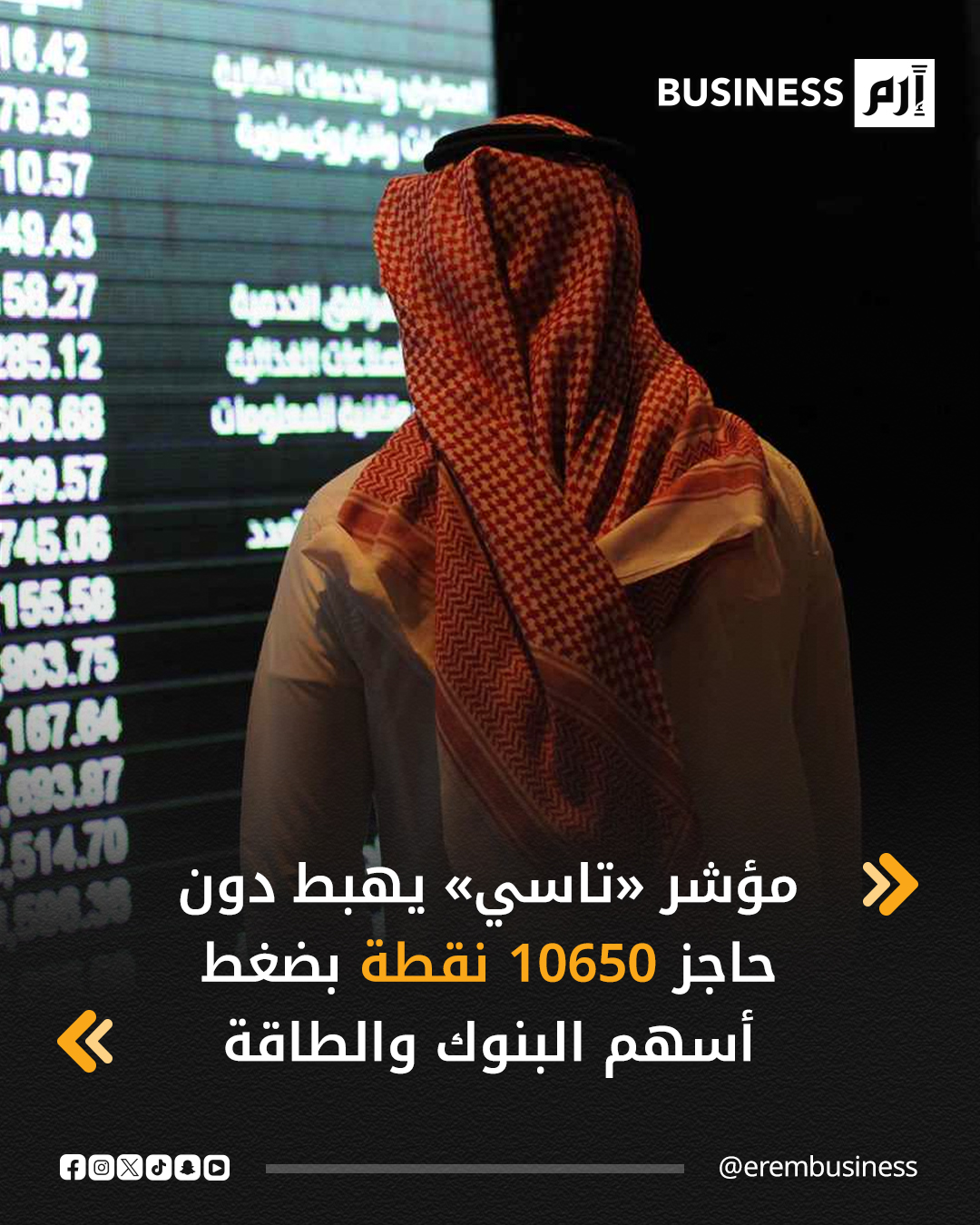 قادت أسهم الطاقة والبنوك تراجع مؤشر السوق السعودية «تاسي» خلال تداولات اليوم الأحد أولى جلسات الأسبوع دون حاجز 10750 نقطة.. التفاصيل في 