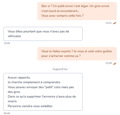 Hanawa_Crochet's tweet image. Vous aussi vous avez des pépites Leboncoin ?

Contexte : je vends un gros truc. Sur l'annonce, j'ai pas mis la livraison de dispo + écrit qu'il faut le venir chercher. Une meuf est intéressée. Je lui demande si elle est du coin. Réponse : non
S'acharner comme ça c'est du délire😭