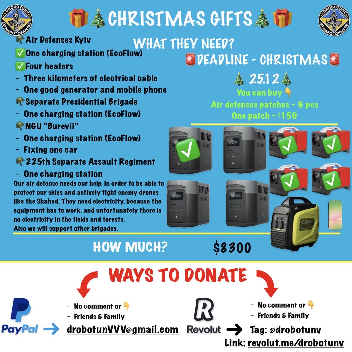 🚨UPDATE | 14.12

Help finish extra request from our Air Defenses by tomorrow. It will be super good if they got their equipment in time. We are super close to do it!

✅Raised: $3482
🚨Extra Air Defenses goal: $518
🎯Goal: $4818

🚨Ways to support in my profile and pinned post!