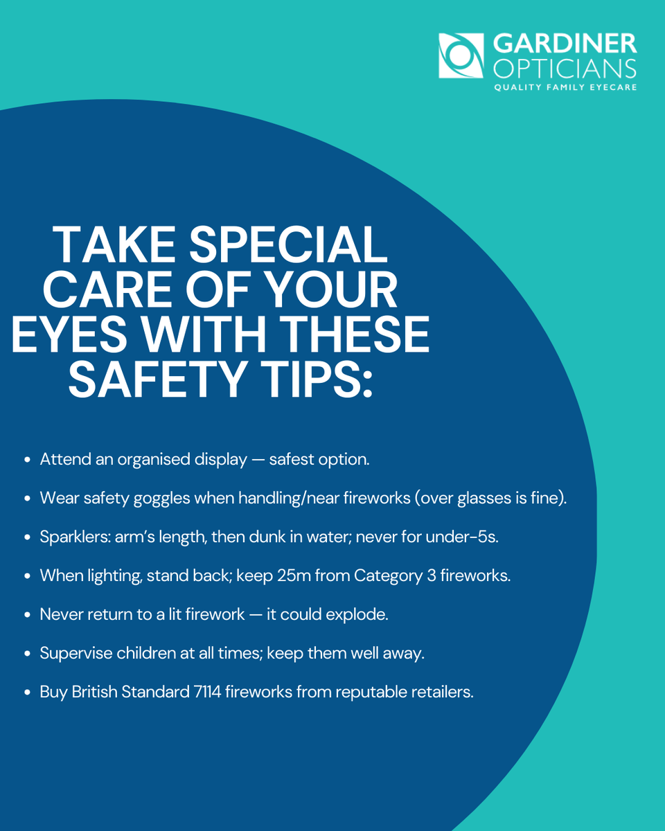 GOpticians's tweet photo. Fireworks are brilliant—protect your eyes. ~300 UK eye injuries a year; ~10 lose sight. Choose organised displays, wear safety goggles, keep back, supervise kids, buy BS 7114 https://t.co/CuZiHeeDgA