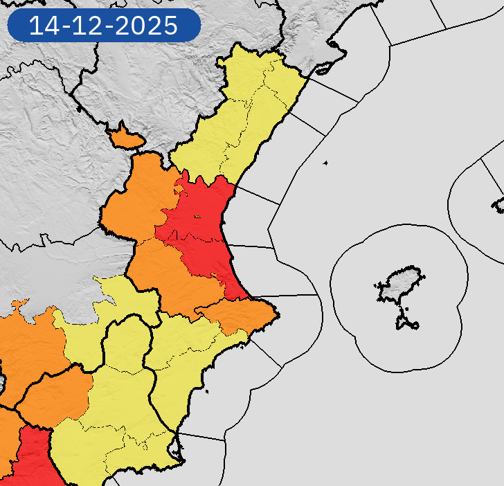 AEMET_CValencia's tweet photo. 14/12 11:06 AVISOS HOY Y MAÑANA | Comunitat Valenciana: lluvias y tormentas. Nivel máximo de aviso: rojo.
Actualizaciones en https://t.co/R3Fs2JzKgr https://t.co/Na7sCcbud6