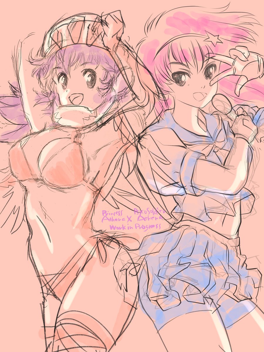 初代アテナと麻宮アテナの作業中ラフです。
近年流行りのおなか見せスタイルをサイコソルジャーの時点でやってるの、時代を先駆けすぎ！