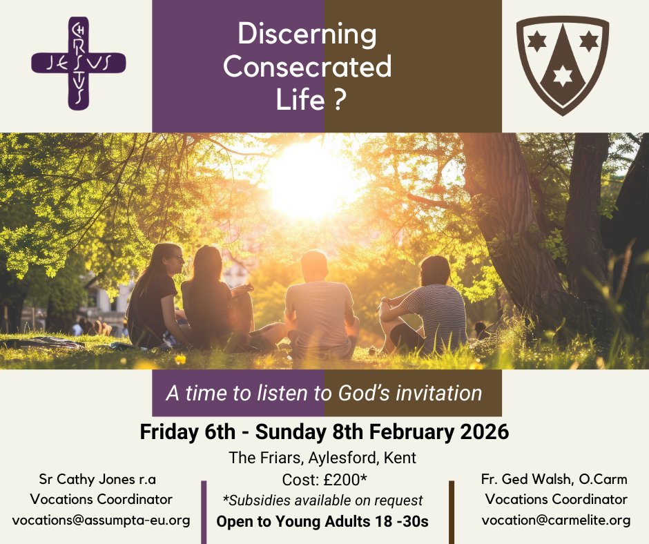 SrCathyRA's tweet photo. An opportunity to explore whether God might be calling you to consecrated life - 6th-8th Feb 2026 @ Aylesford Priory - open to young men and women (18-30s).
Please share! https://t.co/t1quDIZywW