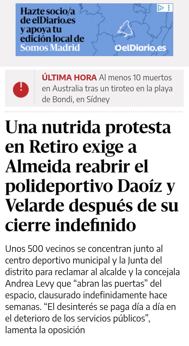¡VOLVEMOS A LA CARGA!

[VÍDEO] de Antonio Colino: protesta del 30-N en #Retiro
👇
youtu.be/DDBCN3hZQ-U?si… 
500 personas según <a href="/eldiarioes/">elDiario.es</a> nos concentramos para exigir a <a href="/AlmeidaPP_/">José Luis Martínez-Almeida</a> y a #Levy que la <a href="/JMDretiro/">JMDretiro</a> reabra el "Polideportivo Daoiz y Velarde" 
👇
eldiario.es/madrid/somos/n…