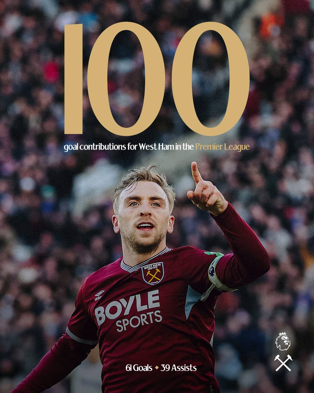 جارود بوين يصل إلى 100 مساهمة تهديفية ما بين تسجيل وصناعة مع وست هام في #الدوري_الإنجليزي 