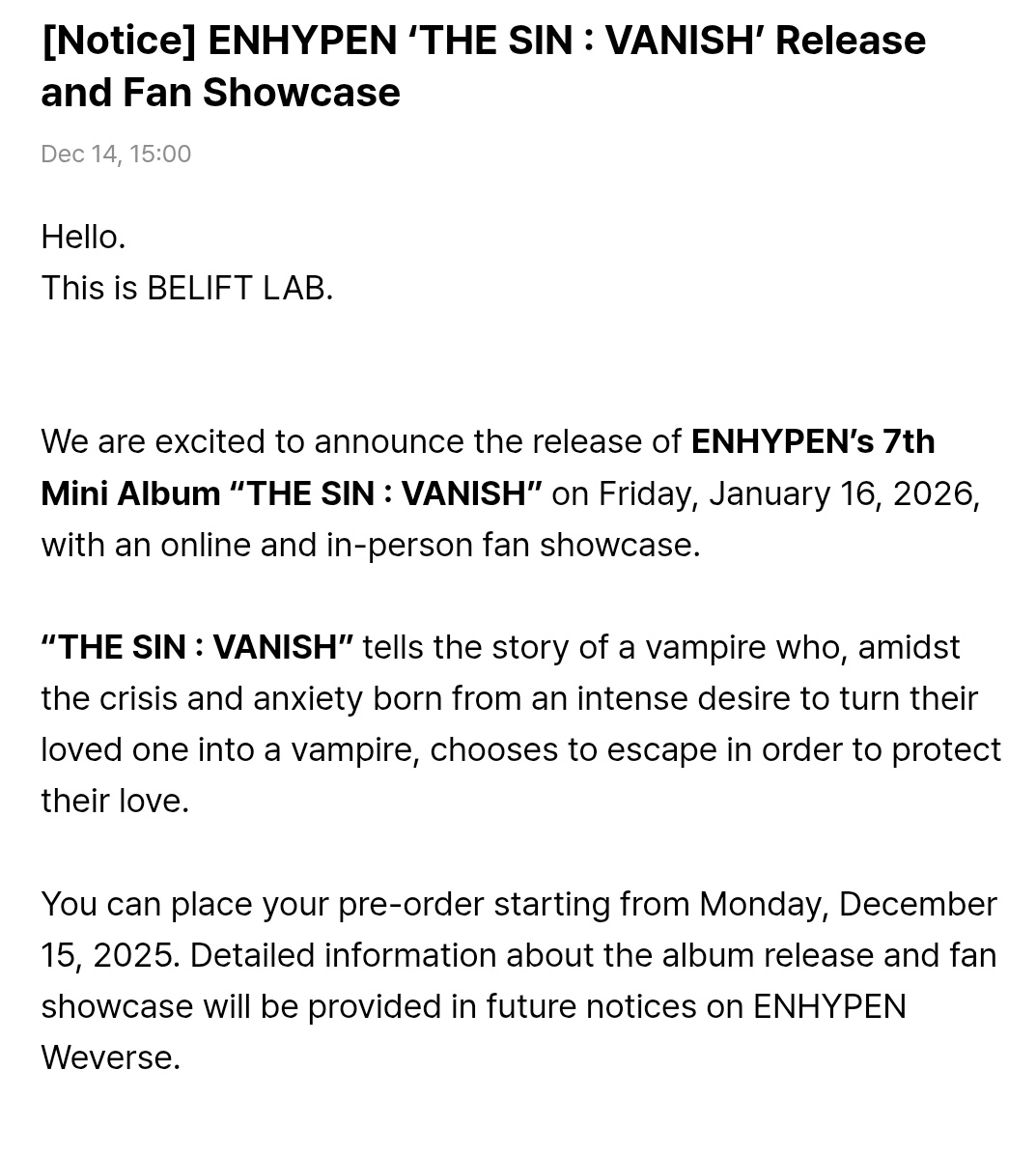enhapopbase's tweet image. ENHYPEN will comeback on January 16th with their 7th Mini Album 'THE SIN: VANISH'.