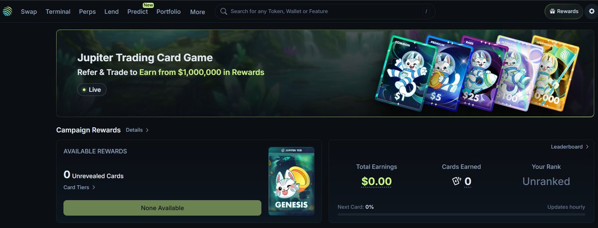 Earn Jupiter Reward Cards 🚨

Trade eligible spot pairs on <a href="/JupiterExchange/">Jupiter</a>, Jupiter Wallet, or Mobile using Ultra Mode/Limit Order V2 (Manual, V1, or DCA is not accepted).

Earn 1 card per $10K volume and higher for new tokens (up to 5 cards).

Get 10% bonus trading points by