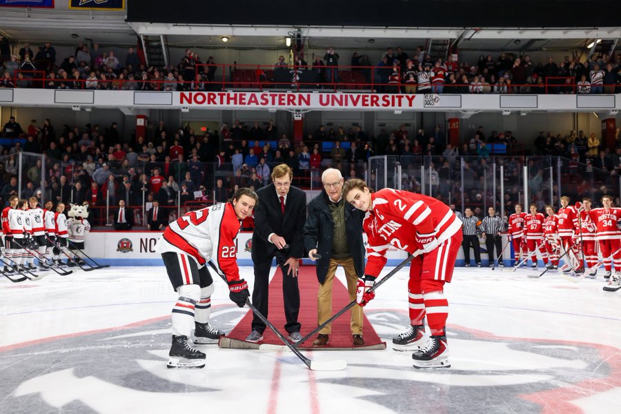 Ceremonial puck drop at Matthews Arena with Jack Parker and David Poile