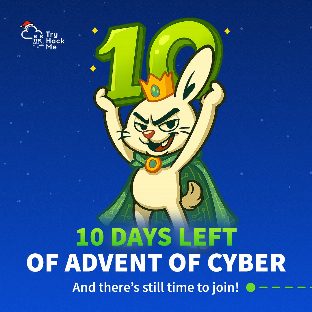tryhackme's tweet image. Day 14 of Advent of Cyber is now live with @_DavidAckerman &amp;amp; @HackingHijabi  🤩
Which means there are only 10 days left of AoC 👀

Yes, there are still a $150,000 worth of prizes
Yes, it’s free.
Yes, you can join on any day during the 24 days

No, procrastinating isn’t a…