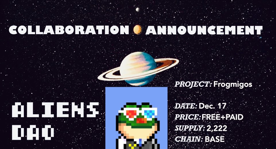 🪩FROGMIGOS GIVEAWAY🔮

Will be sharing 5 OG + 5 WL spots from <a href="/Frogmigos/">Frogmigos</a> 
▪️Supply: 2222
▪️Date: Dec 17
▪️Price: OG free, WL 0.00015 ETH
▪️Chain: <a href="/base/">Base</a> 

To enter:
▪️Follow: <a href="/Frogmigos/">Frogmigos</a> <a href="/basedaliens24/">ALIENS DAO</a>
▪️Follow <a href="/mimisola244/">Morisayo.btc</a> <a href="/extxcute/">extxcute</a> 
▪️Like &amp; RT
   Drop your EVM wallet

24 hrs🪩
