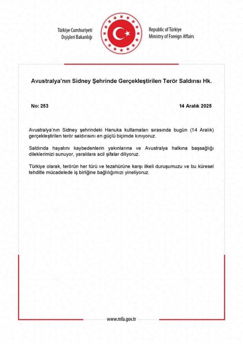 🔴Dışişleri Bakanlığı, Avustralya’nın Sidney şehrindeki Hanuka kutlamaları sırasında gerçekleştirilen terör saldırısını kınadı.