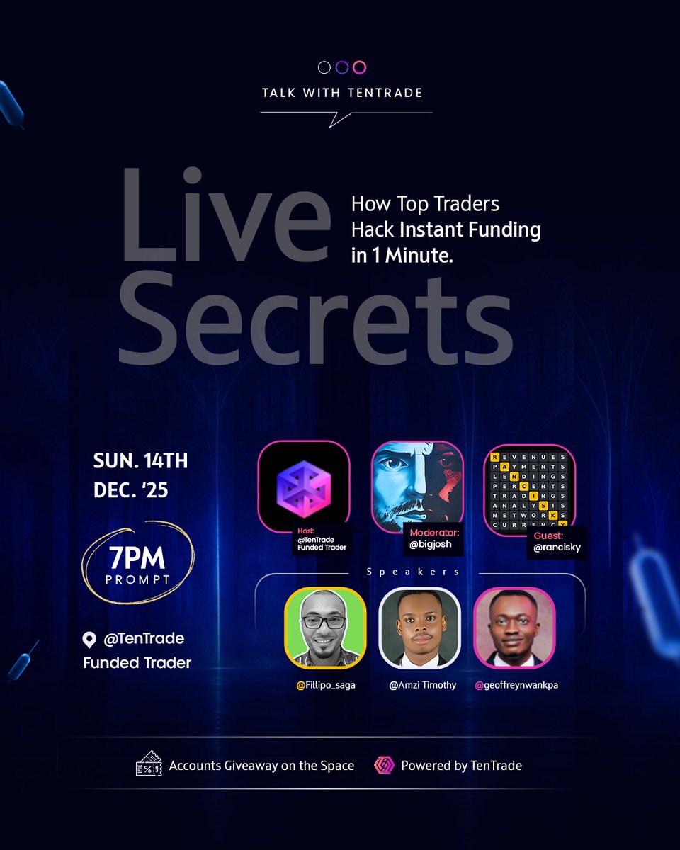 3 hours to go.

On this week’s Talk with TenTrade, we’re breaking down exactly how traders get funded fast… and more importantly, how they stay funded.

Live on X Space
Save your seat: x.com/i/spaces/1zqKV…

Giveaways will drop during the Space.
And yes — December’s 30% off