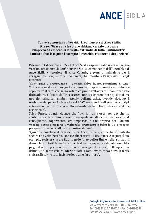 Tentata estorsione a Vecchio, la solidarietà di Ance Sicilia. Russo:“Grave che le cosche abbiano cercato di colpire l’impresa da cui scaturì la svolta antimafia di tutta Confindustria.L’unica difesa è seguire l’esempio di Vecchio:resistere e denunciare.

sicilia.ance.it/2025/12/14/ten…